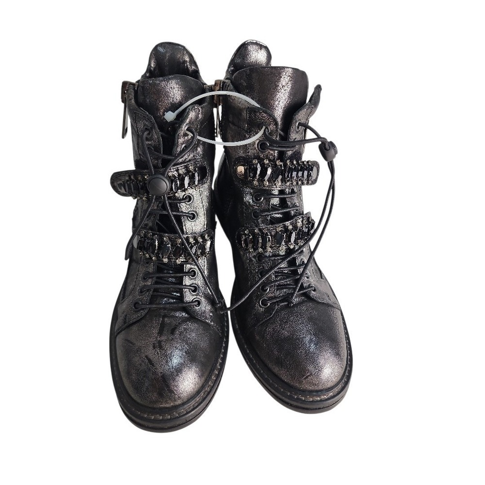 275 Central Combat Boots Women US 6-6.5 Metallic Silver Crystal Embellished Goth - Picture 2 of 12